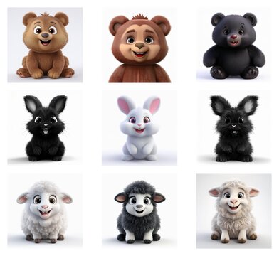 Adorable 3D-rendered baby animals, including bears and rabbits, in various colors and poses against a plain white background.  A charming collection perfect for children's products.