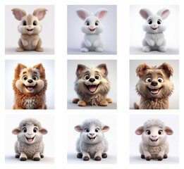 Aufkleber - Adorable 3D renderings of bunnies and fluffy puppies and lambs in various colors.  Each animal is depicted sitting and smiling cheerfully.