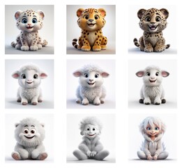 Poster - Adorable 3D renderings of baby animals: snow leopards, lambs, and fluffy creatures.  Each is depicted sitting, showcasing cute expressions and soft textures.