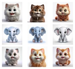 Poster - Adorable 3D renderings of fluffy kittens and cute baby elephants.  Variations in color and pose showcase their charm.