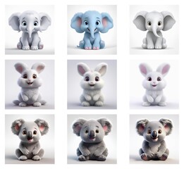 Poster - Adorable 3D renderings of baby elephants, rabbits, and koalas in various shades of gray and light blue.  Each animal is depicted in a cute, cartoonish style.