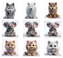 Poster - Nine adorable 3D rendered animals: wolves in varying fur colors and three fluffy kittens in different shades.  Each animal sits, facing forward with a cheerful expression.