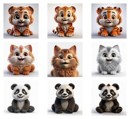 Poster - Adorable 3D rendered images of cartoon tiger cubs, kittens, and panda cubs sitting.  Each animal features a cheerful expression.