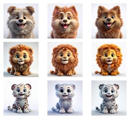 Poster - Nine adorable cartoon animal portraits: fluffy dogs and majestic lions and snow leopards in various color palettes.  Each animal has a cheerful expression.