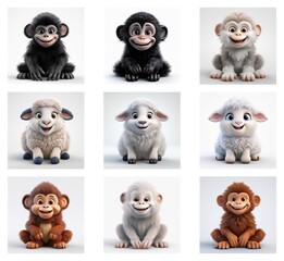 Poster - Adorable 3D rendered baby animals.  Nine charming images feature variations of monkeys and lambs in different fur colors.  Sitting poses.  Cute expressions.