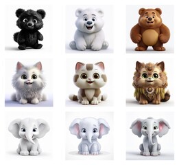 Poster - Adorable cartoon animals in a grid.  Nine unique creatures, including bears, cats, and elephants, are depicted in a cute, stylized manner.  Each animal has a friendly expression.