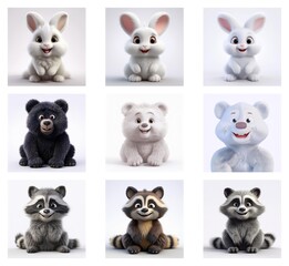 Poster - Adorable 3D rendered animals: rabbits, bears, and raccoons in various colors, sitting and smiling.  A delightful collection of cute, cartoonish creatures.