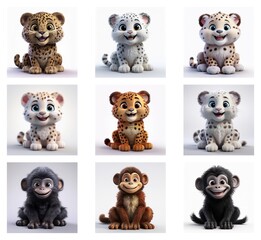 Poster - Adorable 3D renderings of baby leopards and monkeys in various color variations.  Sitting poses showcase their playful expressions.