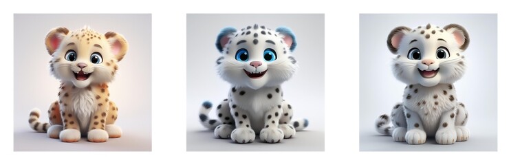 Poster - Adorable 3D renderings of baby snow leopards in different color variations.  Sitting cubs, cute expressions.