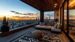 © jitthanant - Bohemianstyle balcony with patterned rugs, cozy cushions, and a breathtaking open skyline view