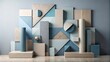 © InspireStock Gallery - Abstract Geometric Wall Art Installation with Cylinders, Cubes, and Spheres in Muted Blues and Beige Tones