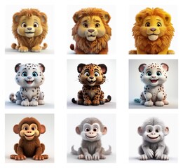 Poster - Adorable cartoon renderings of lion cubs, snow leopard cubs, and monkey cubs.  Each animal is depicted in three slightly different color variations.  The cubs are sitting and facing forward.