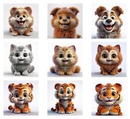Poster - Nine adorable 3D rendered animals: fluffy dogs and cats, plus tiger cubs.  Each has a cheerful expression and sits against a simple white background.  They are charming and cartoonish.