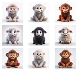 Poster - Adorable 3D renderings of baby monkeys and lambs in various colors.  Each animal sits and smiles, showcasing soft fur and endearing expressions.