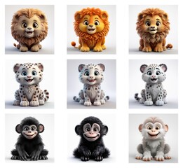 Poster - Adorable cartoon lions and snow leopards in various color variations, sitting side-by-side with chimpanzees.  Cute, fluffy, and playful depictions of wildlife.