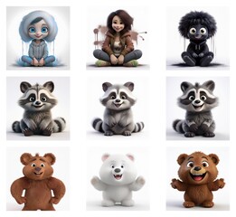 Aufkleber - A digital collage featuring cute cartoon characters.  A mix of human and animal characters in various poses.  Bright colors and playful expressions.