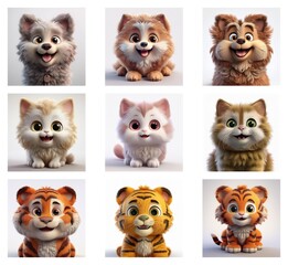 Poster - Adorable 3D renderings of fluffy puppies, kittens, and tiger cubs.  Each animal has a cheerful expression and sits against a plain white background.