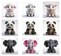 Poster - Adorable 3D render of baby animals: fluffy lambs and cute pandas and elephants in various poses.  Variations in color add to the charm.