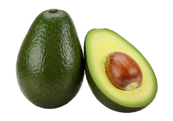 Wall Mural - A ripe avocado, one whole and one halved to show the vibrant green flesh and large seed, isolated on a white background