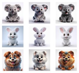 Poster - Nine adorable cartoon animals: three koalas, three rabbits, and three puppies.  Each animal is depicted in a slightly different pose, showcasing their fluffy fur and sweet expressions.  They are all s