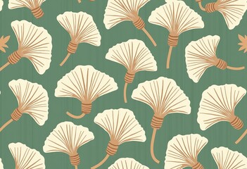 Naklejka na meble ニュートラルとセージグリーンのパレットで、奇抜でエレガントなテクスチャのある銀杏の葉を使用したイラスト入りの壁紙、スタイリッシュで芸術的な家の装飾のための奇妙なテキスタイルパターン。
