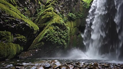 Aufkleber - Waterfall cascades down rocky cliffs surrounded by lush greenery in a serene natural setting