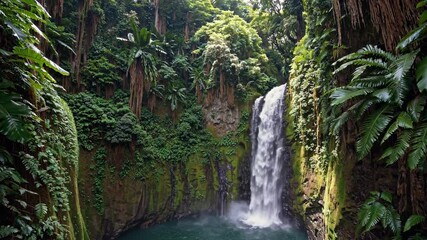 Aufkleber - Explore a stunning waterfall in a lush jungle setting surrounded by tropical plants and serene water