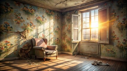 Aufkleber - Sunlit Room in a Derelict Building with Floral Wallpaper and Antique Chair