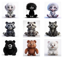 Poster - Nine adorable 3D-rendered animal characters:  fluffy creatures,  cute expressions,  sitting poses, diverse fur colors.  White background.
