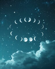 Poster - Teal blue with floating moon phases and softly glowing stars abstract background