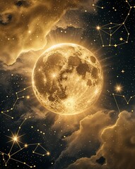 Poster - Warm gold with radiant moonlight and scattered constellations abstract background