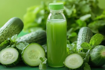 Wall Mural - Refreshing Cucumber Mint Juice Bottle with Cucumbers