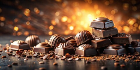 Poster - A delectable assortment of dark chocolate candies, elegantly arranged and surrounded by cocoa powder, creates a sophisticated and tempting image perfect for advertising or editorial use.