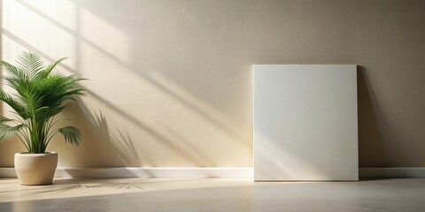 Poster - Sunlight illuminates a blank canvas leaning against a wall, beside a potted plant in a minimalist interior