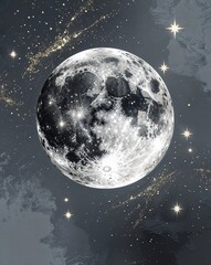 Poster - Ash gray with textured full moon and subtle star glimmers abstract background