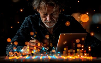 Poster - A man is writing on a piece of paper with a blue background