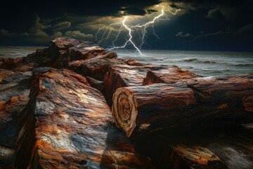 Wall Mural - Dark stormy seascape with dramatic lightning striking over large, weathered logs on a rocky shore.