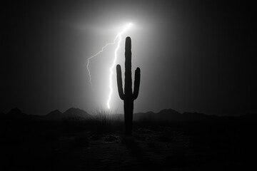 Wall Mural - A silhouetted saguaro cactus stands tall against a dramatic desert night sky illuminated by a lightning strike.