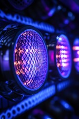 Poster - Bright blue and purple lights create a captivating display in a modern tech setup, showcasing intricate details in a dimly lit atmosphere at night