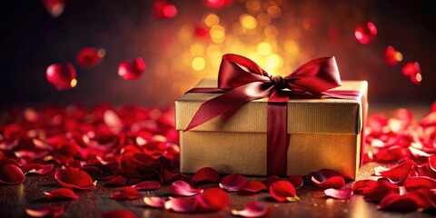 Aufkleber - A golden gift box adorned with a rich burgundy ribbon rests among scattered rose petals, bathed in warm, romantic light.