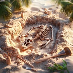 n Archaeological Dig Site with a Partially Excavated Dinosaur Skeleton in Sandy Soil, Brushes and Tools Around, Bright Daylight