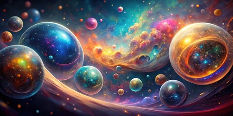 Wall Mural - a cosmic tapestry of vibrant nebulae and swirling galaxies contained within a multitude of iridescen