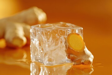 Wall Mural - Ginger root and ice cube on orange background