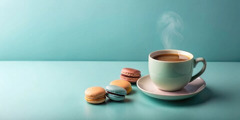 Poster - A steaming cup of coffee and pastel-colored macarons on a serene teal surface.