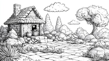 Poster - A quaint thatched-roof cottage nestled amidst a picturesque landscape, featuring a stone pathway, lush greenery, and towering trees.