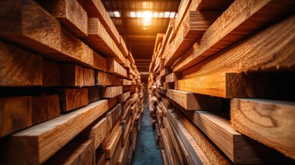 An impressive display of neatly arranged wooden planks illuminated by warm afternoon sunlight, evoking a sense of tranquility and natural beauty in a crafted environment.