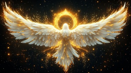 Poster - Celestial Wings: A Golden Halo Envelops a Divine Avian Being in a Starry Night, Radiating Light and Angelic Majesty.