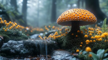 Poster - Enchanted Forest: A Luminous Orange Mushroom Beside a Mystical Streamlet in a Dreamlike Misty Grove