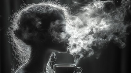 Aufkleber - Enigmatic Woman Silhouette Breathes in Steam from a Warm Mug, a Monochromatic Study of Sensory Experience and Inner Peace.