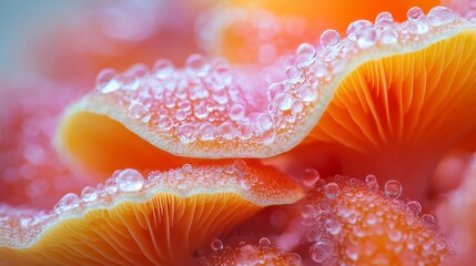 Poster - Bright orange mushrooms emerge from the soft forest floor, adorned with sparkling dew drops that catch the gentle morning sun. Nature's artistry shines through this vibrant scene filled with life